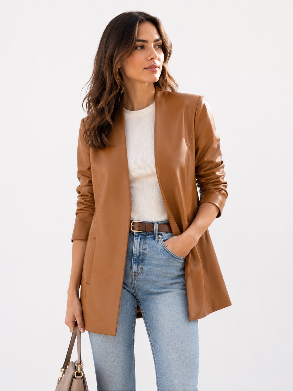Calvin Klein Camel Leather-Effect Open Blazer